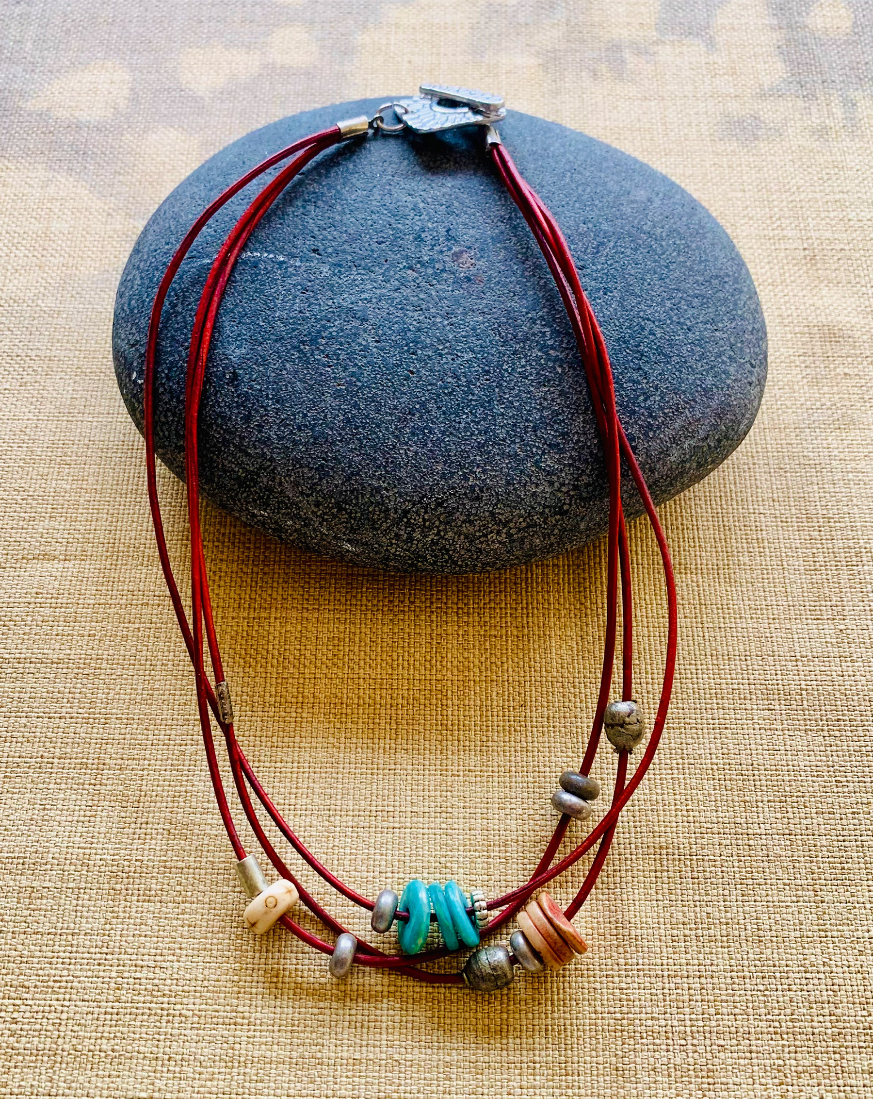 Triple red leather choker w/ Ethiopian silver, antique Chinese beads wood & turquoise